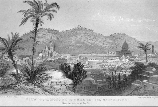 1849 view of Jerusalem from the Mount of Olives, the Old City and the temple platform spread below.